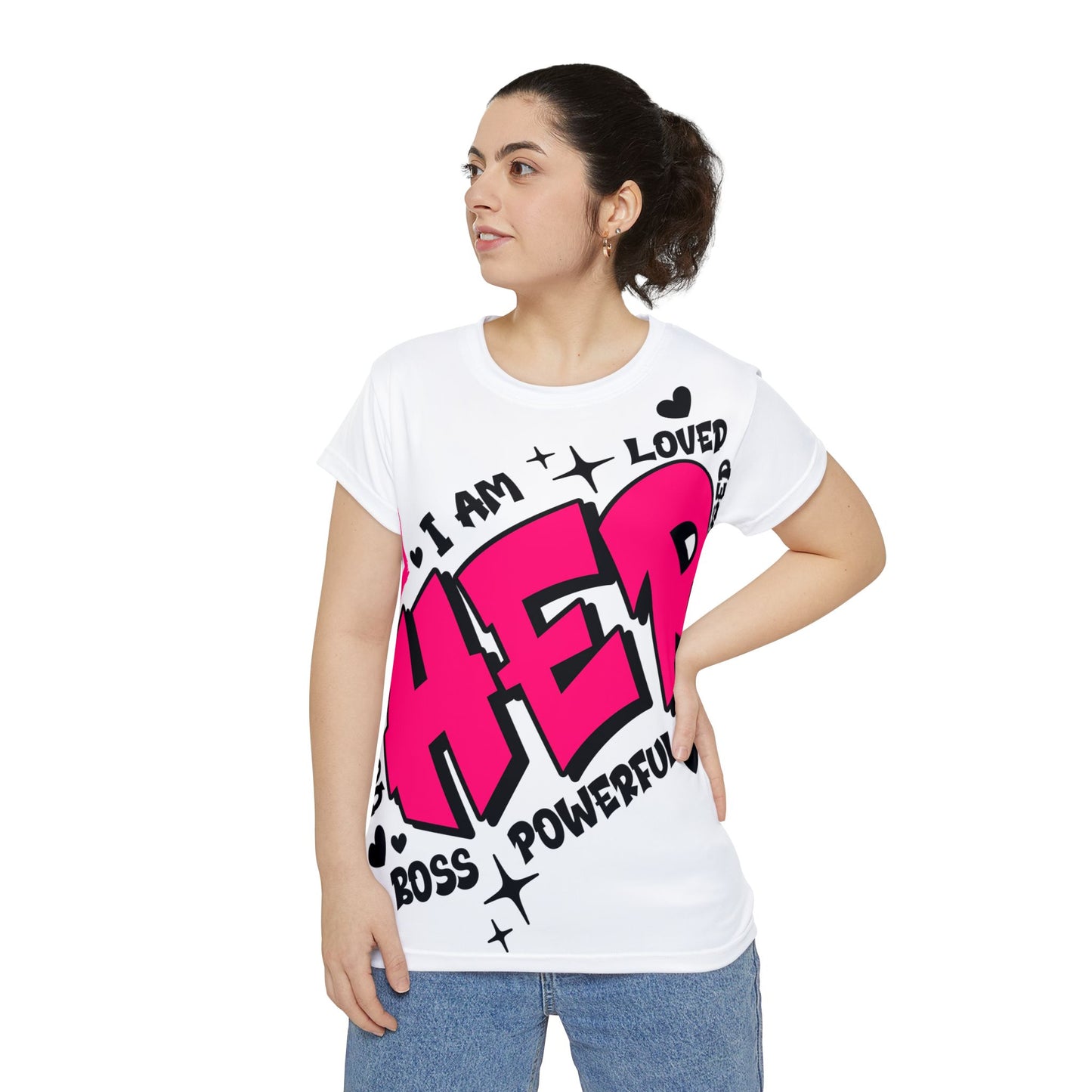 HER Graphic Tee — Empowering Women's Short Sleeve Shirt with Bold Pink Lettering