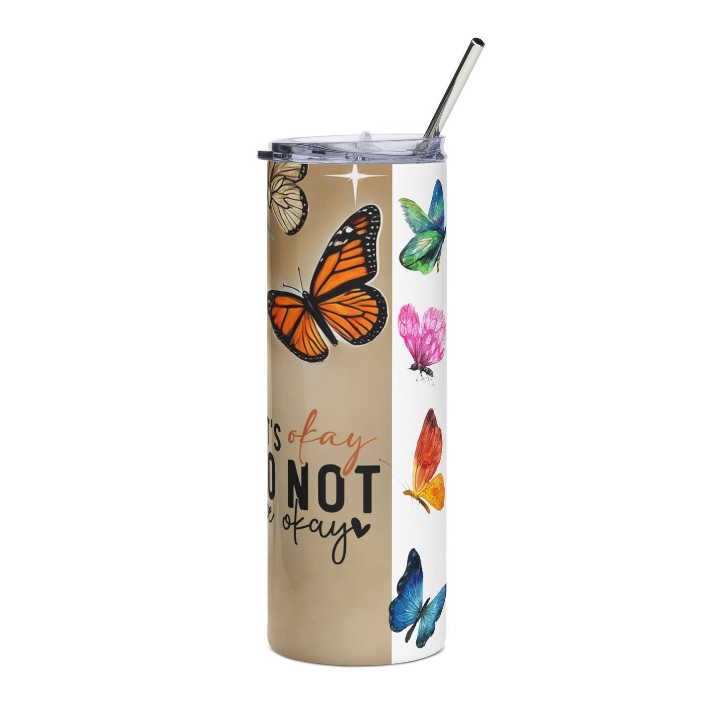 Tumbler - 'It's Okay to Not Be Okay' Black Woman Floral Stainless Steel 20oz