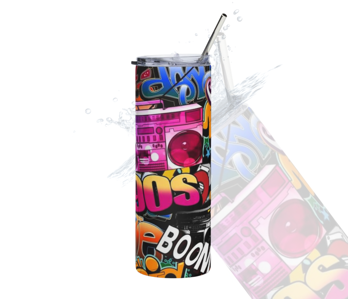 90s Graffiti Stainless Steel Tumbler - 20oz Retro Boombox Travel Cup