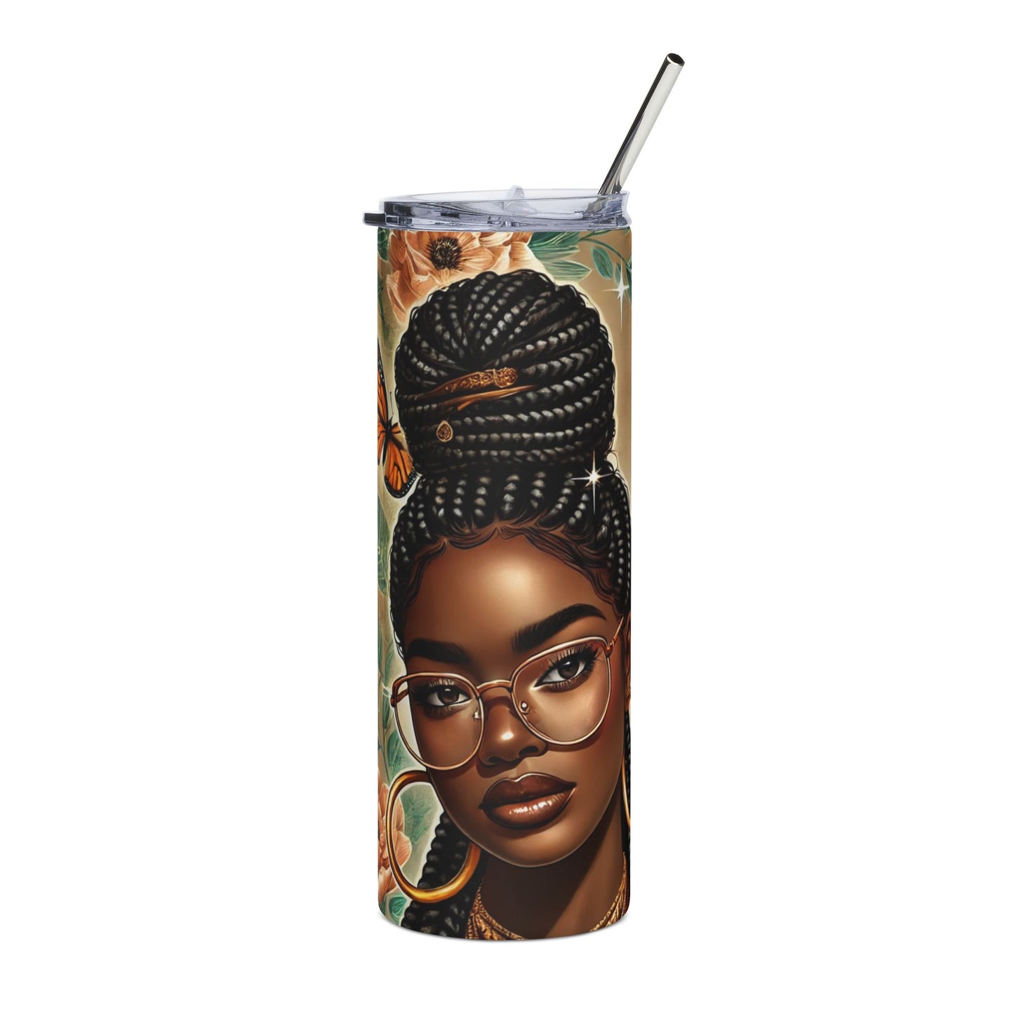 Tumbler - 'It's Okay to Not Be Okay' Black Woman Floral Stainless Steel 20oz