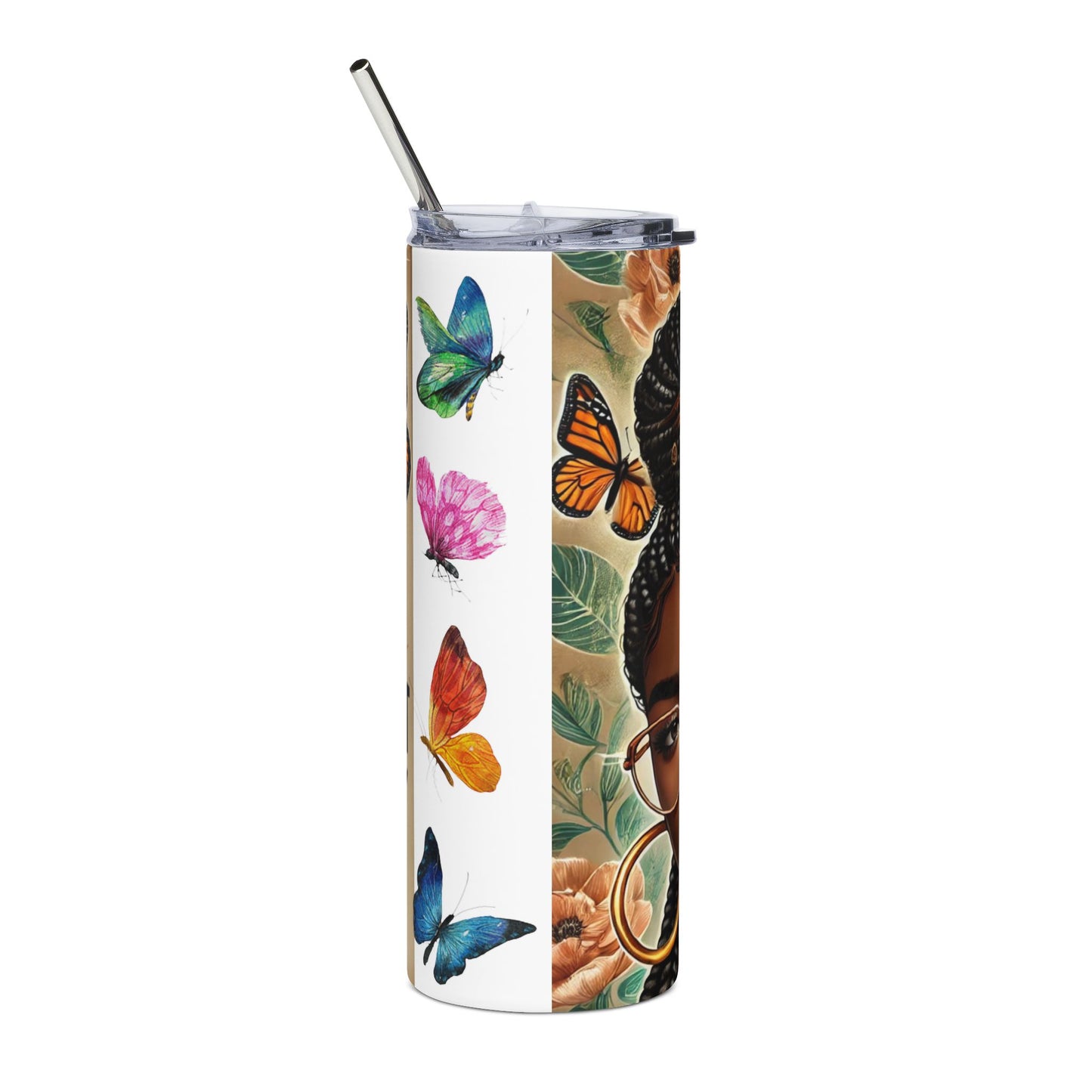Tumbler - 'It's Okay to Not Be Okay' Black Woman Floral Stainless Steel 20oz
