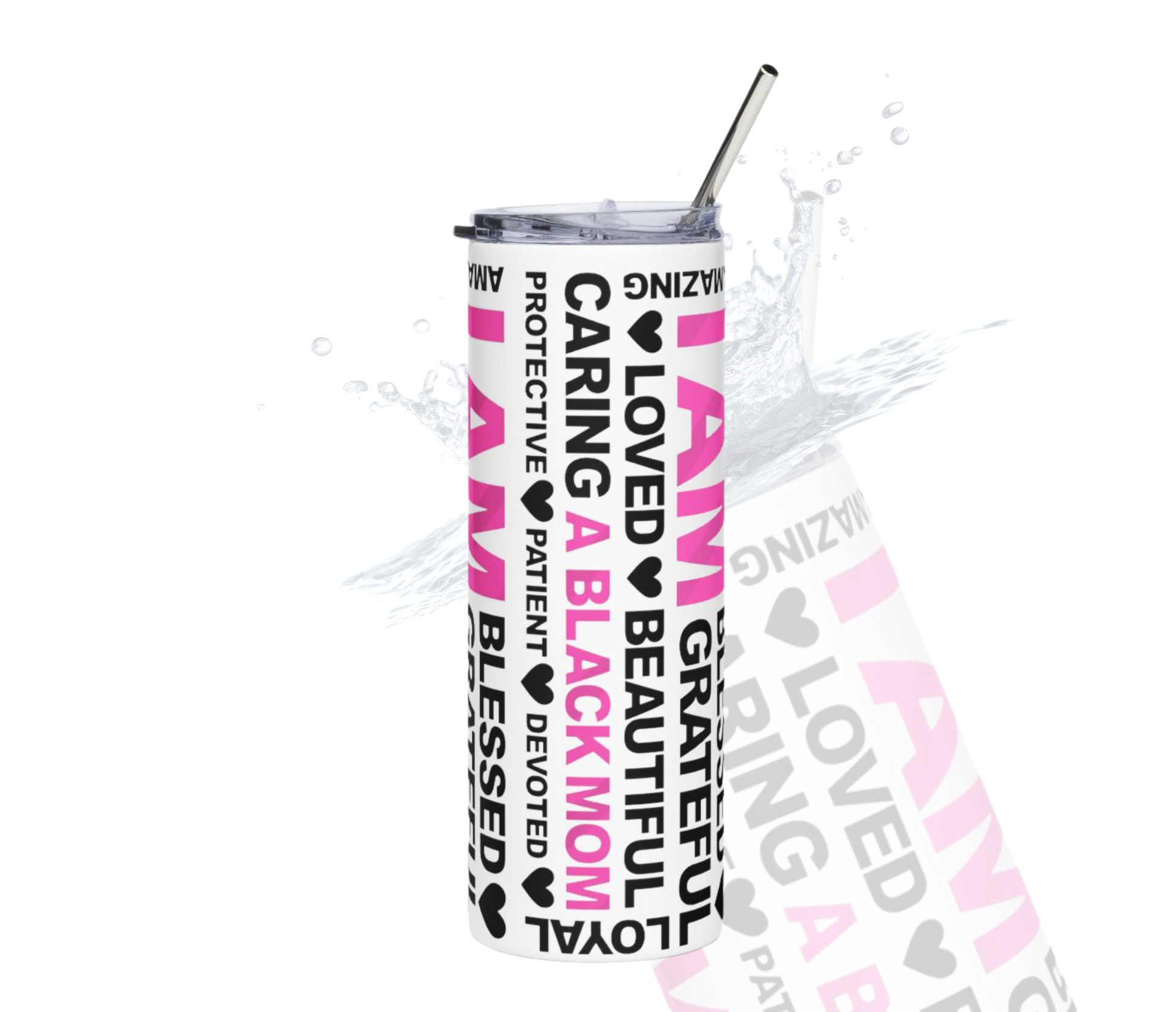 Tumbler with motivational phrases on a white background