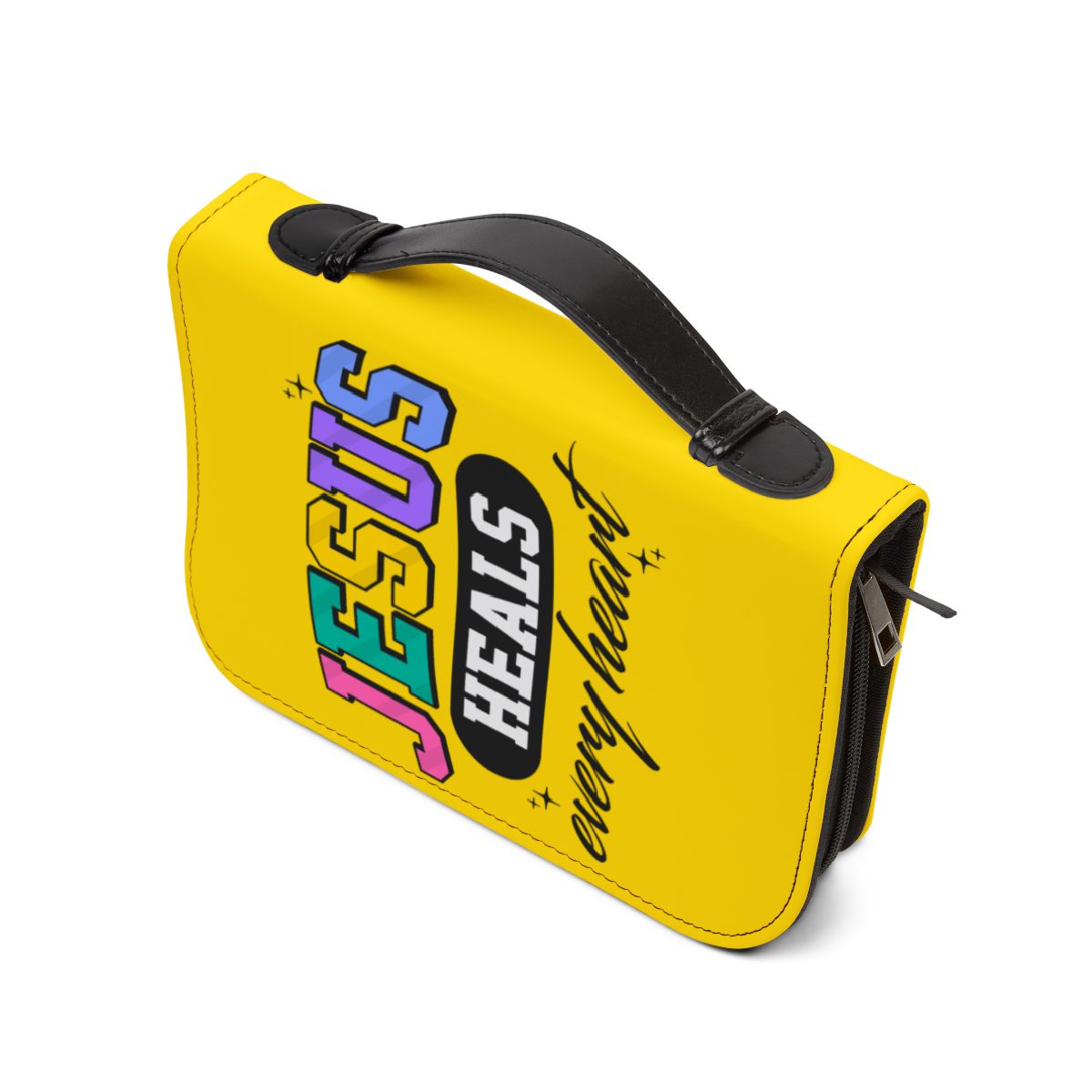 Jesus Heals Every Heart Zippered Bible Cover – Bright Yellow Inspirational Bible Case